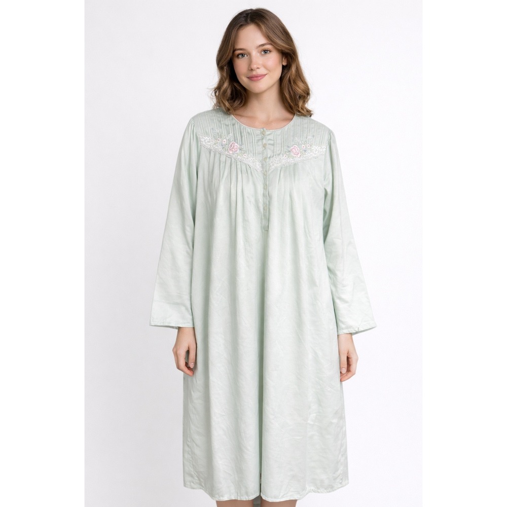 Earth Angels‎ Nightgown Medium Sage Green Floral Lace Yoke Grannycore Sleepwear